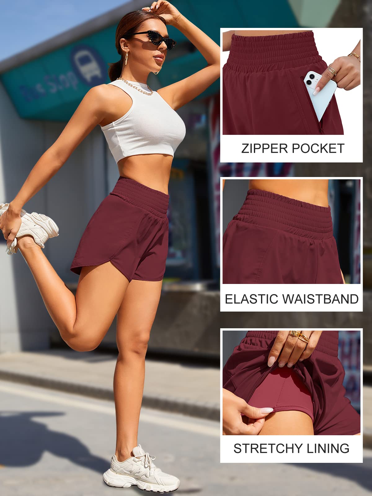 BMJL Women's Athletic Shorts High Waisted Running Short Pocket 2.5" Sporty Shorts Gym Elastic Workout Shorts(M,Wine Red)