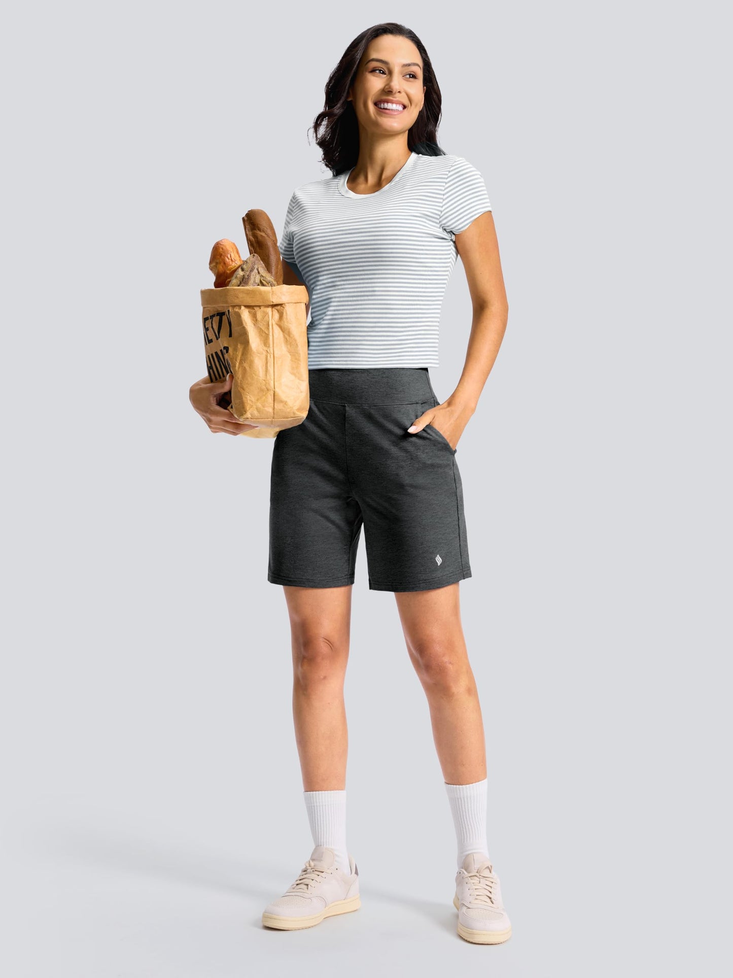 SANTINY Women's 7"/9" Bermuda Long Shorts Lightweight High Waisted Walking Casual Running Workout Athletic Short with Pockets (Charcoal_L7_L)