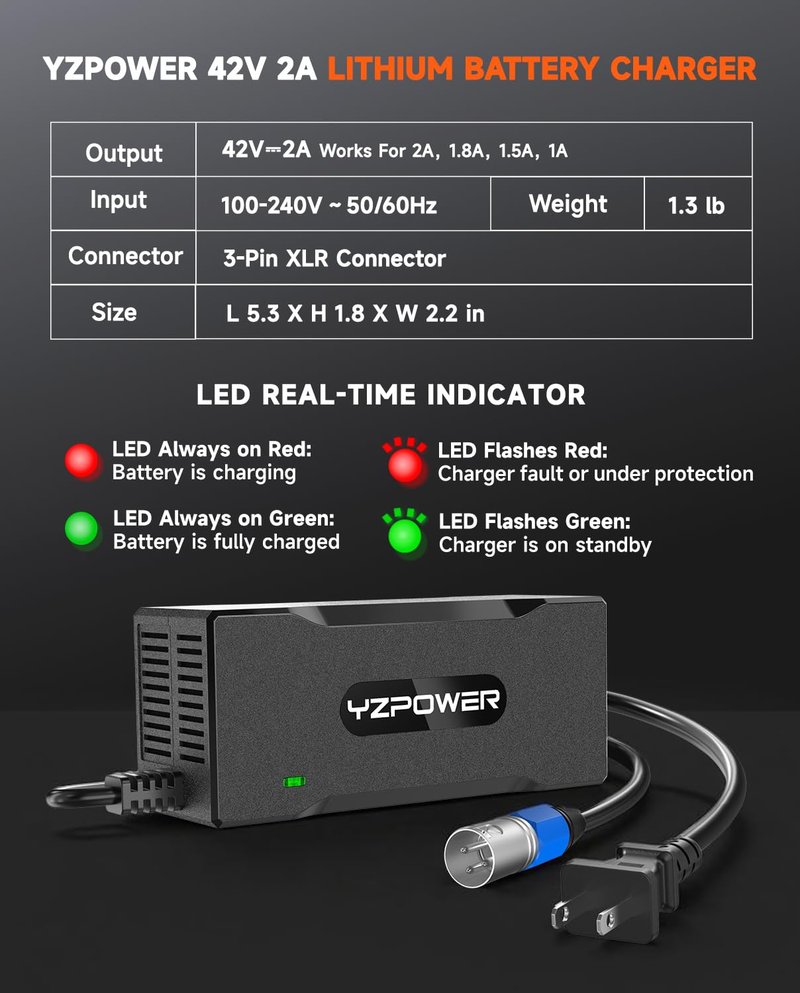 YZPOWER 36V Lithium Battery Charger 42V 2A Fast Charger with Turbo Cooling Fan - Overheat Protection, 3-Pin XLR Connector for Electric Bike/Scooter/E-Scooter for Mini Dirt 650 Battery