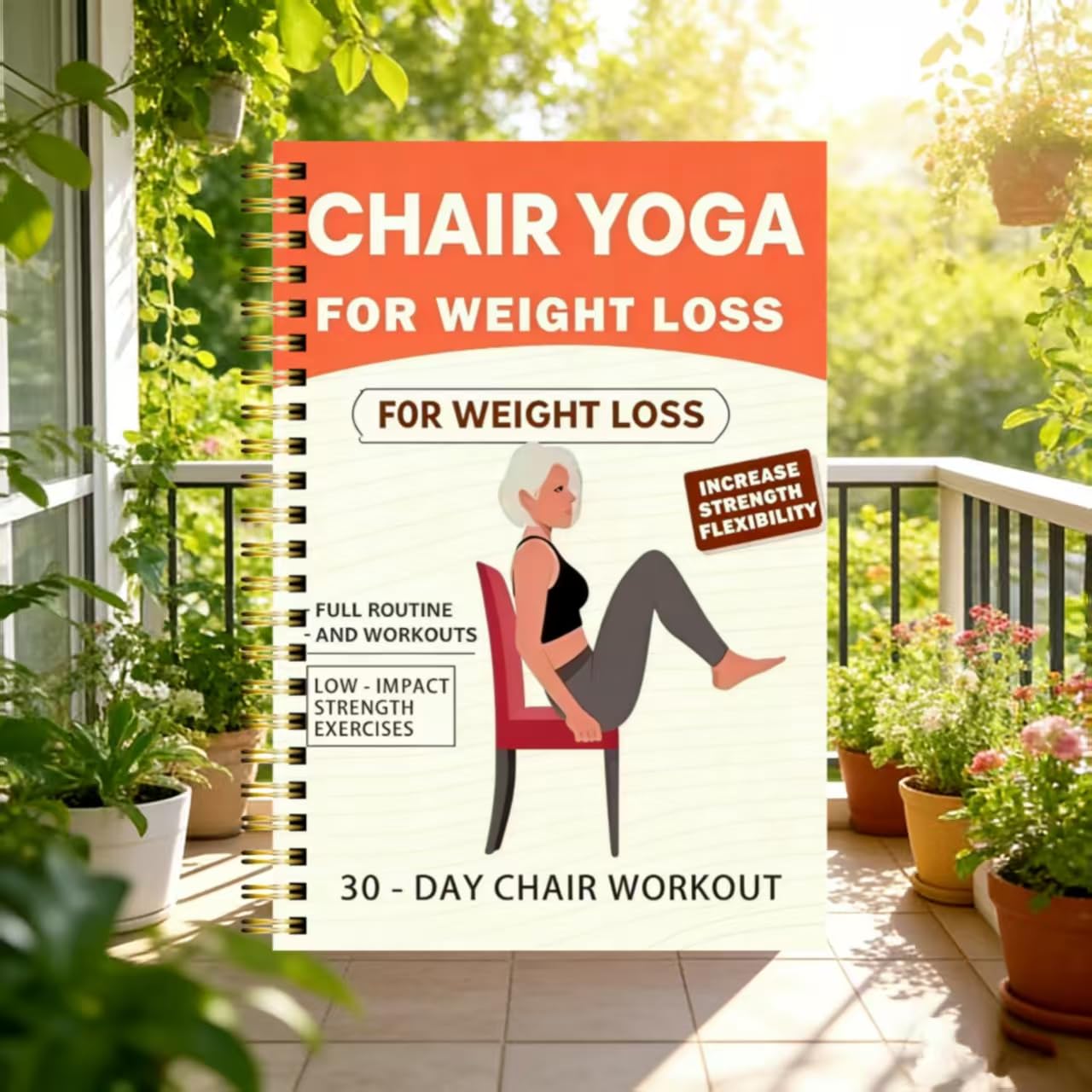 30-Day Chair Yoga Weight Loss Planner – 15-Minute Daily Routine Log with Illustrated Poses & Progress Tracker for Seniors & Beginners, Spiral-Bound Home Fitness Journal,(5.5x8.3 Inch, Orange)