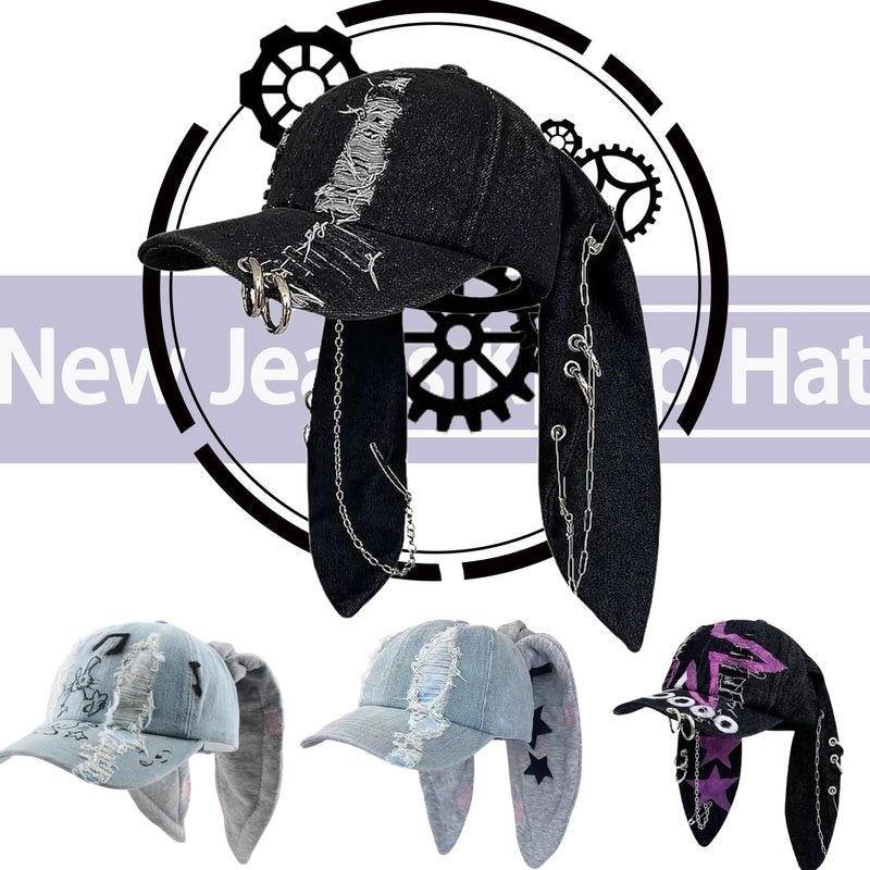THESSNCE Y2k Hat Punk Hats Denim Bunny Hat Chains Distressed Baseball Cap Kpop Outfits Y2k Grunge Hats for Women