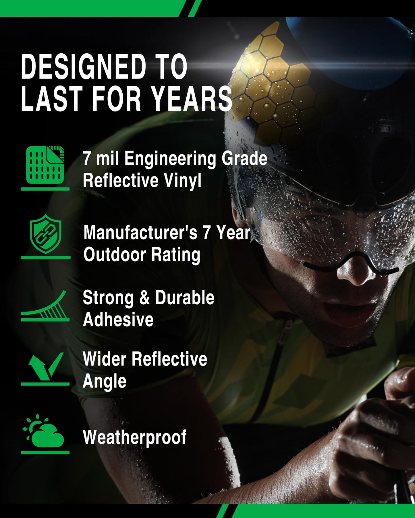BRIGHT KNIGHT DECALS Hexagon Reflective Stickers for Helmet - Gold, Pack of 1, Motorcycle Helmet Stickers, 3M Waterproof Reflective Vinyl Tape for Hard Hats, Cars & Bike Decals for Night Visibility