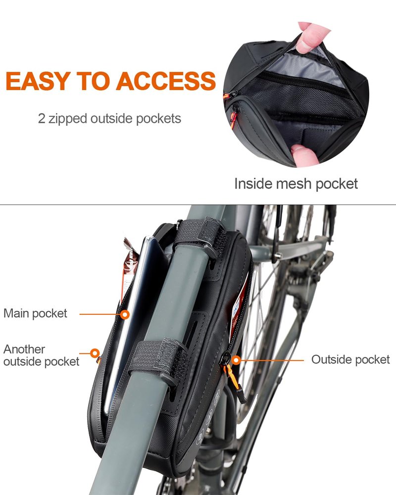Danuosie Bike Frame Bag, Water Resistant Bicycle Triangle Pouch with 2 Side Pockets, 3-in-1 Under Seat Storage Top Tube Pack for MTB Mountain Road Commuter Bikes, 1.2L