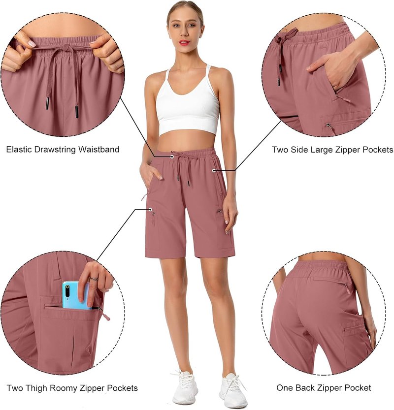 Women's Lightweight Hiking Cargo Shorts - Quick Dry Athletic Shorts with Zipper Pockets | Water Resistant for Camping & Travel