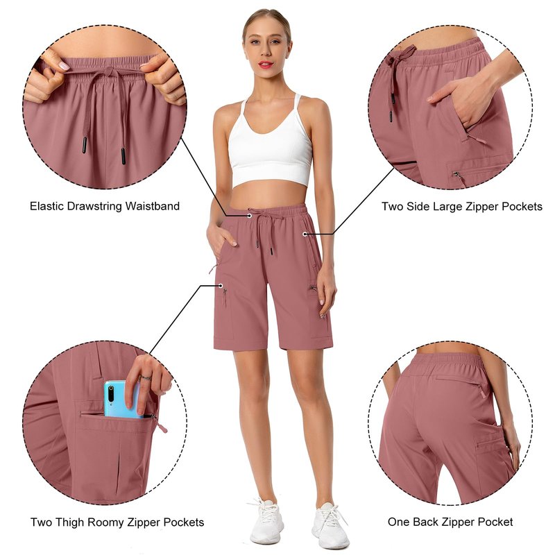 Hugut Women's Lightweight Hiking Cargo Shorts Quick Dry Athletic Shorts Camping Travel Golf Zipper Pockets Water Resistant Dusty Pink