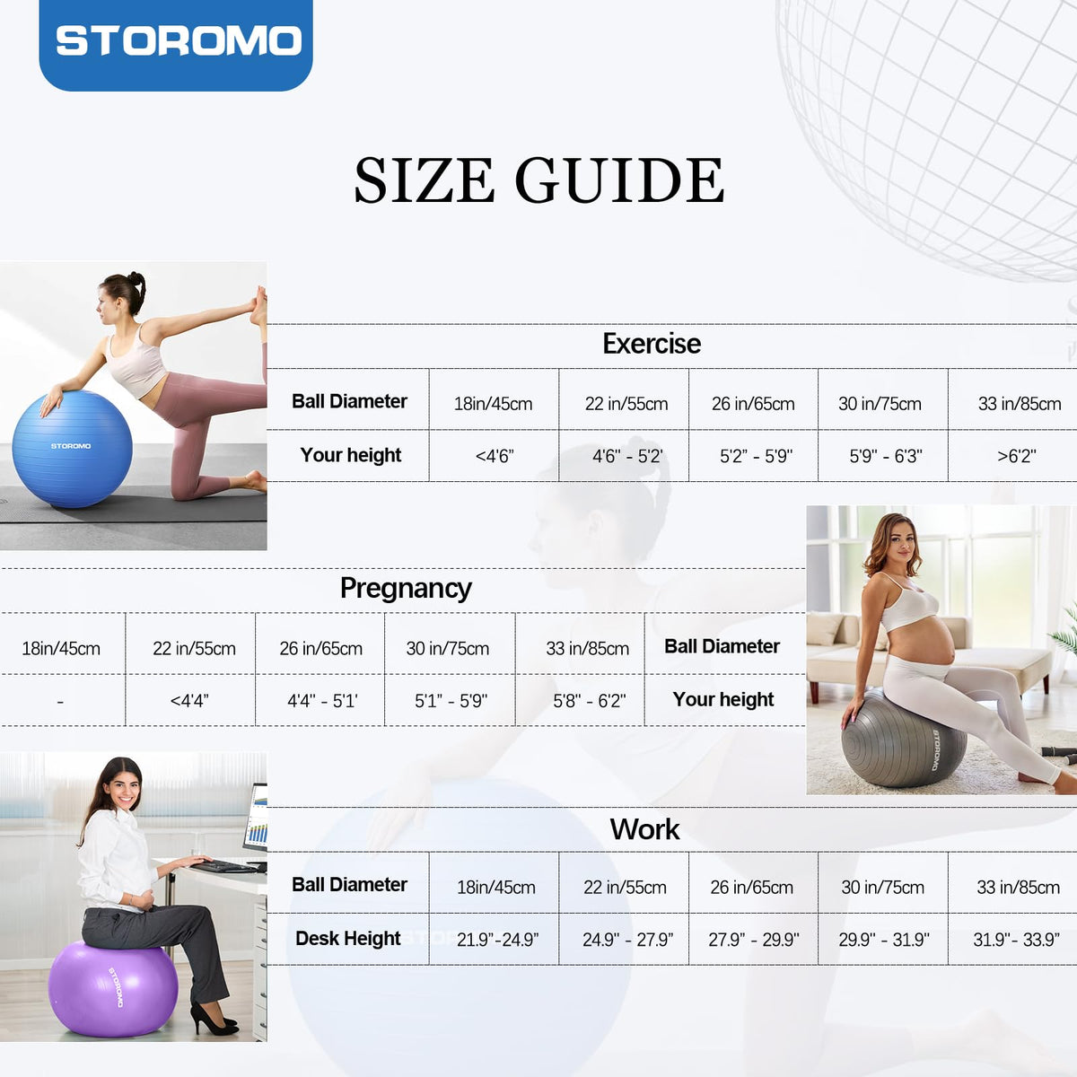 STOROMO Exercise Ball,Yoga Ball(with Exercise Tutorial),Extra Thick Non-Slip,Holds 2500 lbs, Workout Ball for Pregnancy Birthing and Balance Stability (Black, 45cm/17.7in)