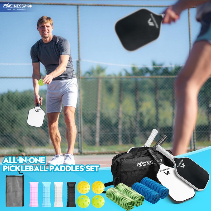 Pickleball Paddles Set of 4 Frosted Fiberglass Rackets Honeycomb Core Pickleball Set with 4 Pickleball Paddles+ 4 Pickleball Balls+ 1 Bag+ 4 Replacement Soft Grip+ 2 Towel
