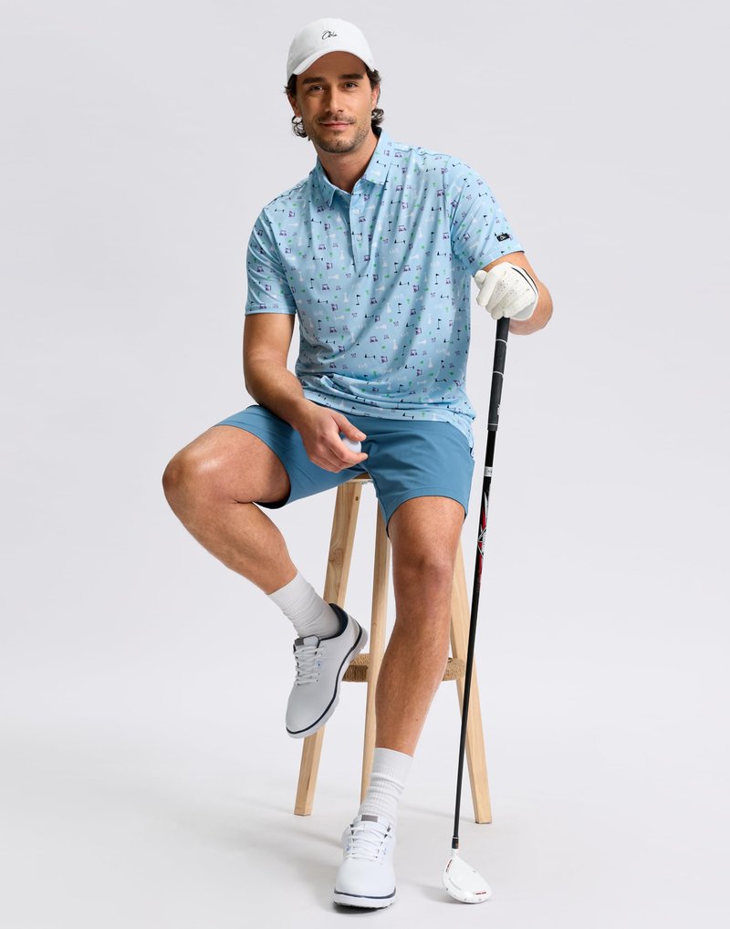 Obla Mens Golf Polo Shirts Short Sleeve Dry Fit Performance Moisture Wicking Casual Print Collared Golf Shirts for Men (Blue Golf Flag_M)