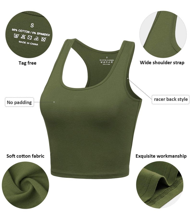 Women's 3-Pack Sports Crop Tank Tops - Athletic Yoga Racerback Cotton Workout Shirts, XL (Black/Grey/Olive)