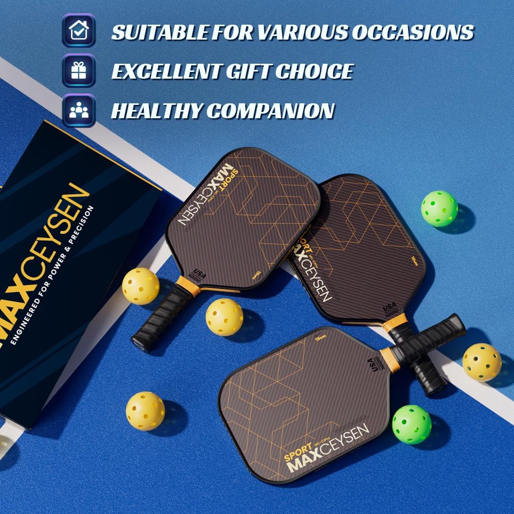 Pickleball Paddles Carbon Fiber Single Paddle USAPA Approved 16MM High Performance Lightweight Racket with Wide Face Long Grip for Men Women Beginner Starters Black Orange