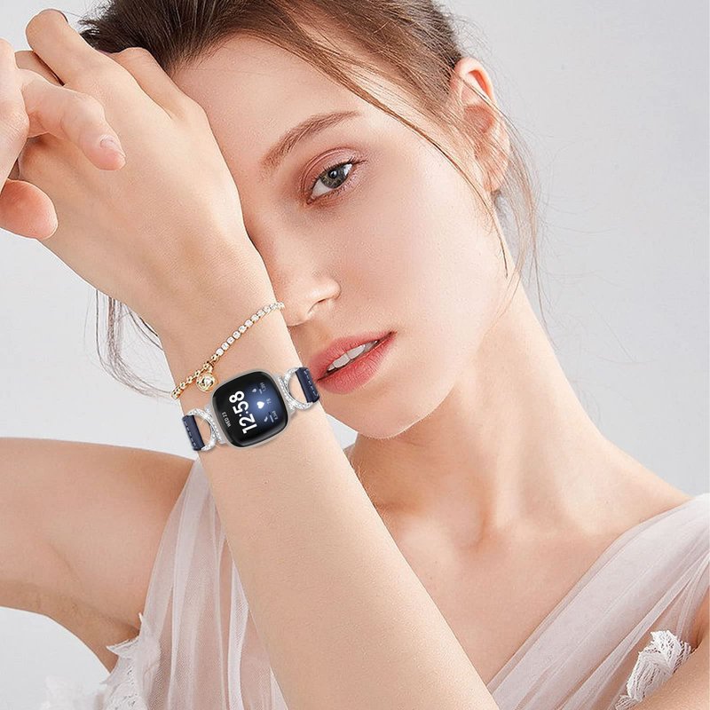 FitTurn Compatible with Fitbit Sense 2/Fitbit Versa 4 3 Bands for Women Men, Soft Genuine Leather Band Slim Strap Replacement Accessory Wristband + Metal rhinestone Adapter (Blue)