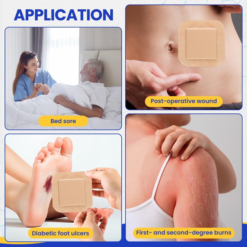 20 Pack Silicone Foam Dressing 4"x4" with Adhesive Border, High Absorbency Silicone Bandages, Waterproof Foam Bandages for Wounds Care, Bed Sore, Diabetic Foot Ulcers