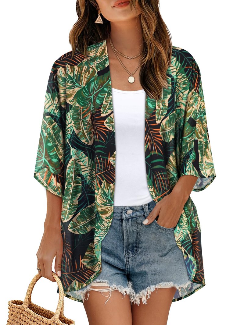 Women's Floral Kimono Print Puff Sleeve Loose Cardigan Cover Up Casual Blouse Tops (Green Orange Leaves, S)