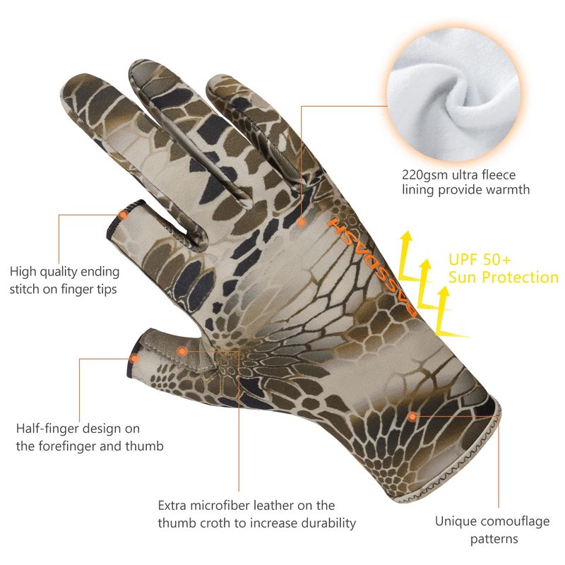BASSDASH Unisex Fingerless Fleece Liner Camo Hunting Gloves for Cold Weather UPF 50+ Lightweight Fishing Photography HG06