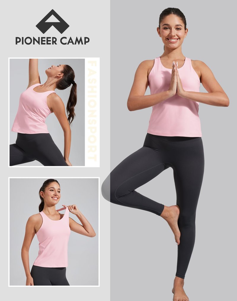 Pioneer Camp Workout Tank Tops for Women with Built in Bra, Sleeveless Gym Tops Seamless Racerback Athletic Yoga Shirts, Pink, S