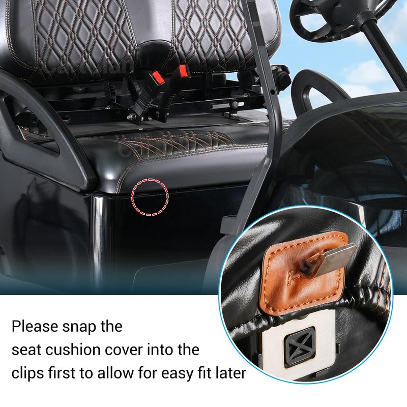 CartClan Golf Cart Seat Covers Suitable for Club Car Precedent Standard Front Seat Cushion, Golf Cart Front Seat Covers Kit No Drilling & Waterproof (Black PVC Leather & Brown Stitching)