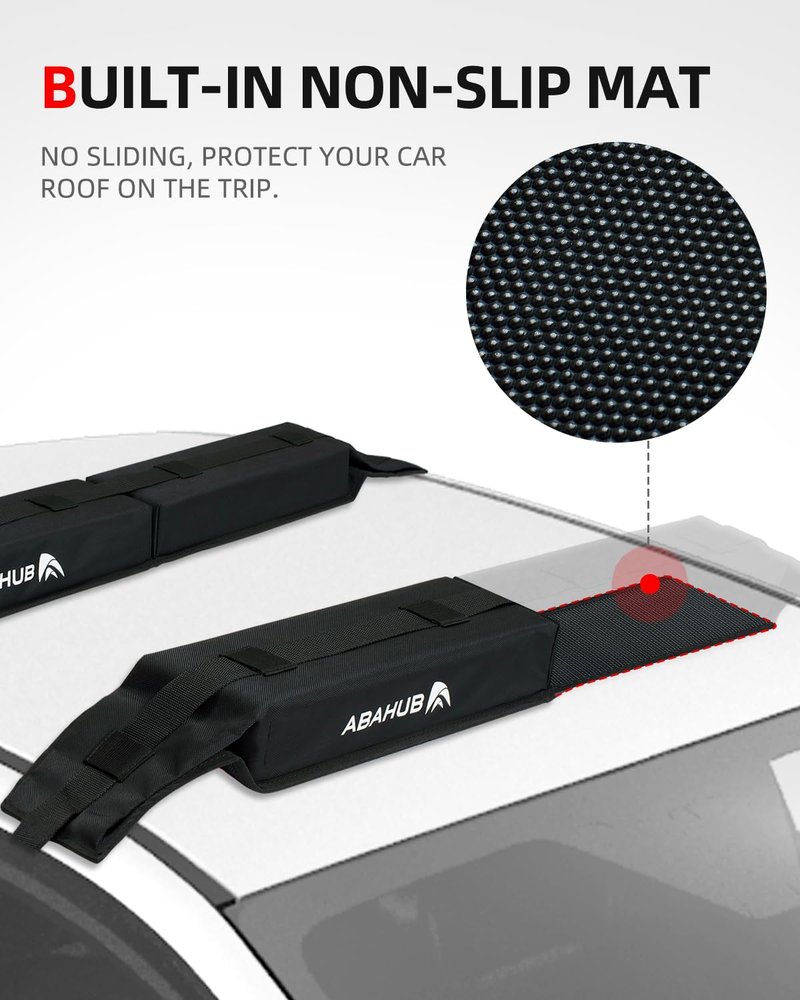 Abahub Soft Roof Rack Pads with 2 Tie Down Straps, 2 Tie Down Ropes, 2 Hood Loops and Storage Bag, for Surfboard, Kayak, Canoe, Heavy Duty Universal Car Roof Racks System Black 32 inch