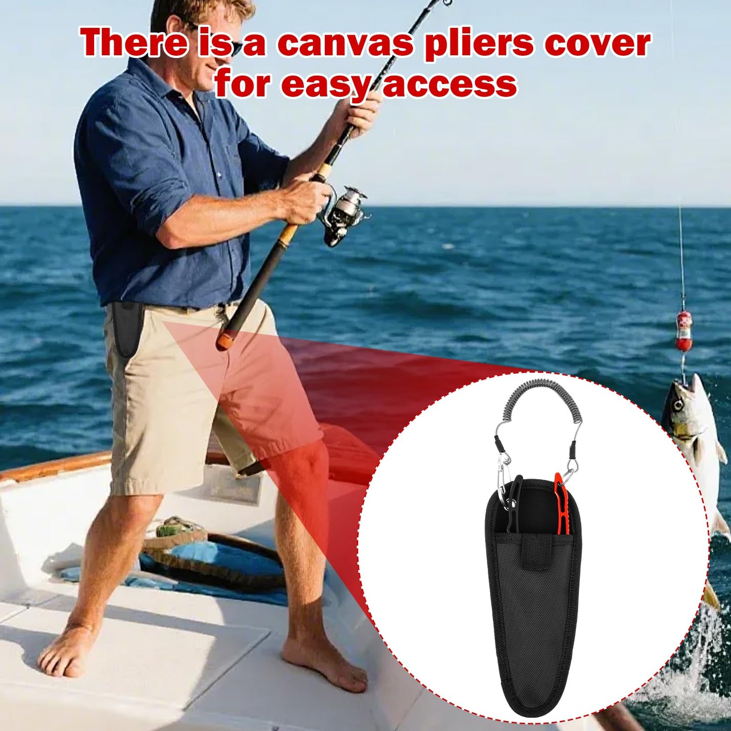 MABCIRY Aluminum Alloy Fishing Pliers with Canvas Sheath and Coiled Lanyard, Lightweight Fishing Tool with Safety Lock, Saltwater Resistant Fish Gear for Catch Fresh and Marine Fish