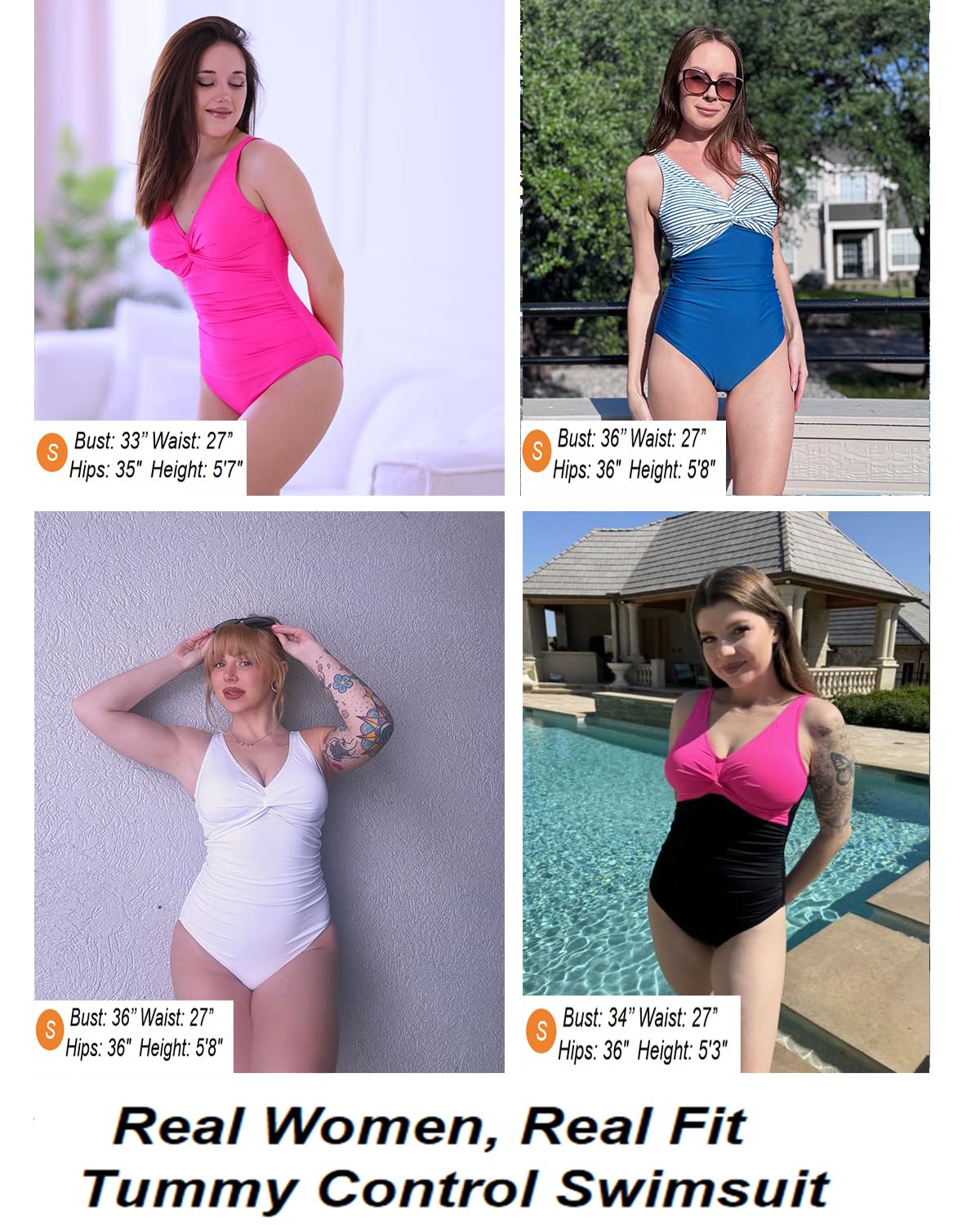 Holipick Hot Pink Women Tummy Control One Piece Swimsuit - Push Up Bathing Suit Full Coverage Slimming Swimwear M