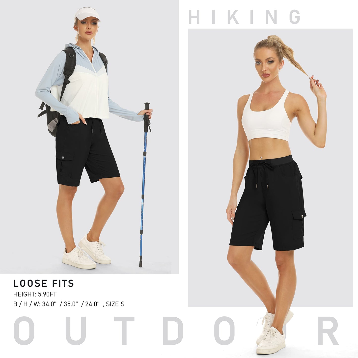 MoFiz Hiking Shorts for Women 10" Quick Dry Active Athletic Cargo Shorts Lightweight Summer Casual Running Shorts with Pockets Black XL