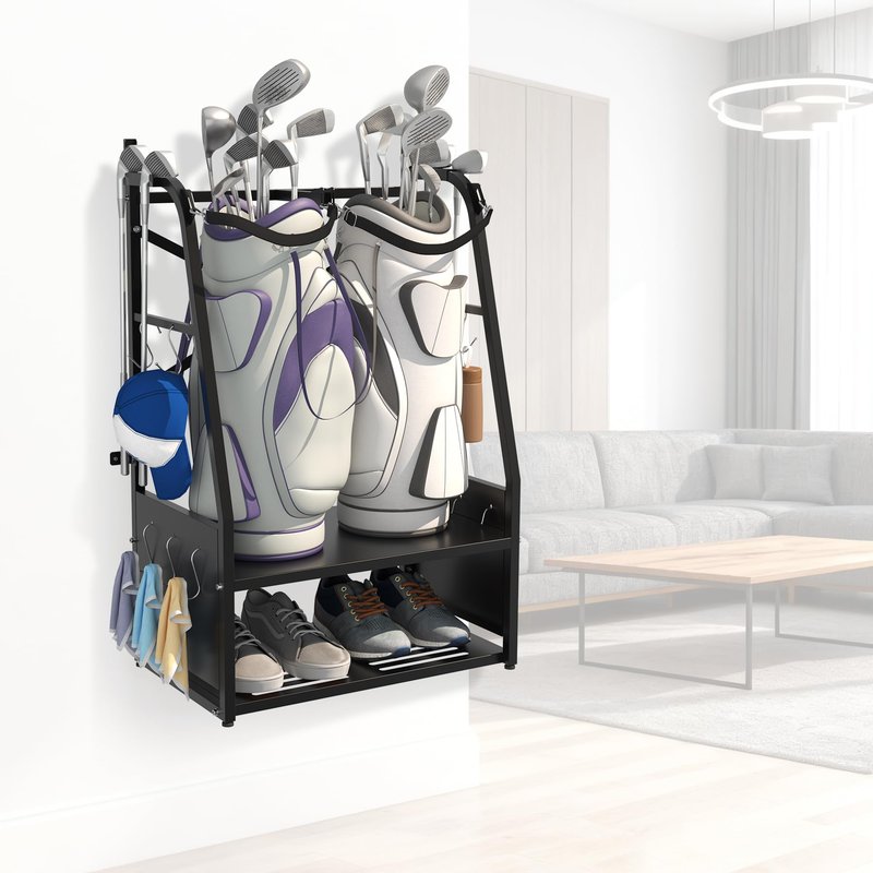 Eastrexon Golf Bag Organizer - Wall Mount & Freestanding - Holds 2 Golf Bags w/ 4 Club Racks, 10 Hooks & Storage Shelf - Golf Bag Stand w/Adjustable Feet for Garage, Store, Club, Shed
