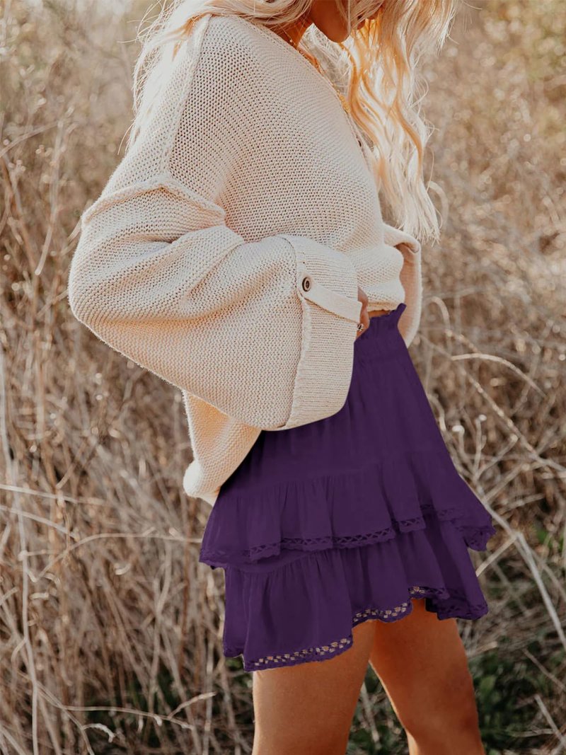 Aoudery Flowy Shorts for Women Casual Boho Ruffle Tiered Skorts High Waist Mini Skirts Golf Tennis Butterfly Crochet Shorts - Dark Purple XL