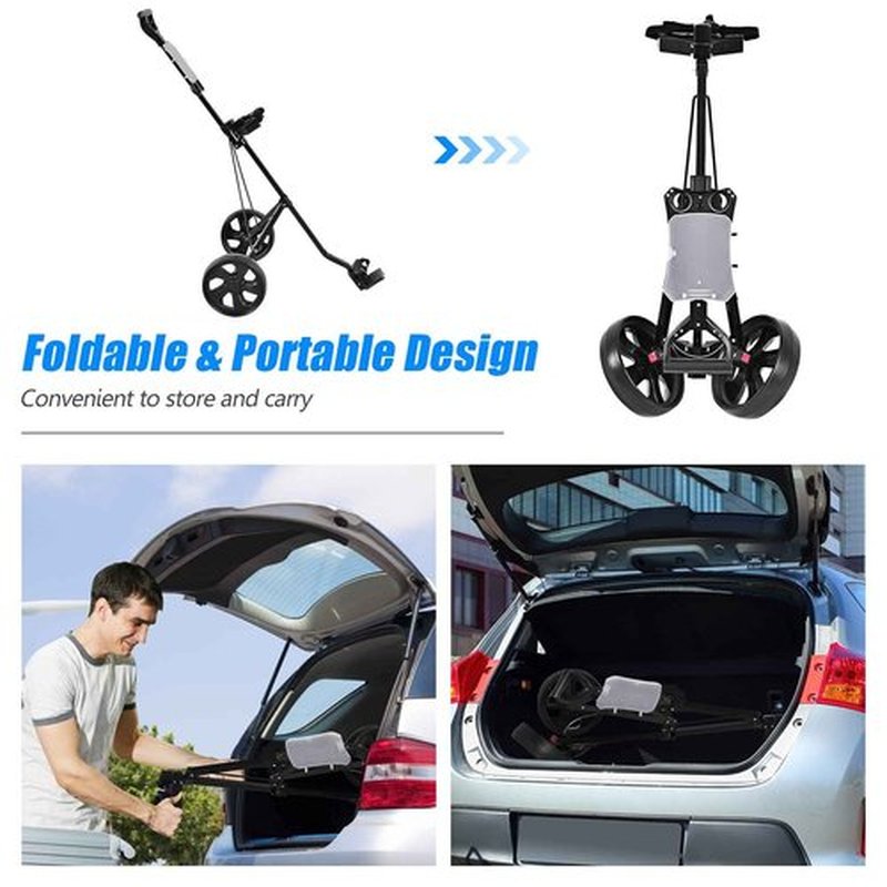 GYMAX Golf Cart, 2 Wheel Golf Push Cart with 9.5” Wear-Resistant Rubber Wheels, Elastic Strap & Scoreboard, Folding Lightweight Portable Golf Caddy Cart for Teens Adults