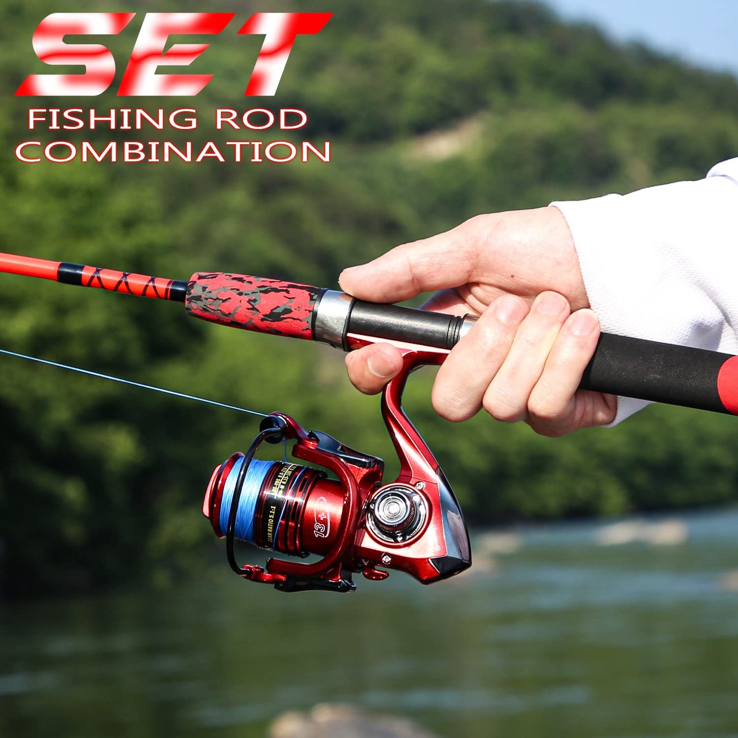 Sougayilang Spinning Reel and 2-Piece Fishing Rod Combo, Durable Graphite & Fiberglass Rod, Split-Grip Cork Handle,Right/Left Handle Position (Red, 7'00''-2000)