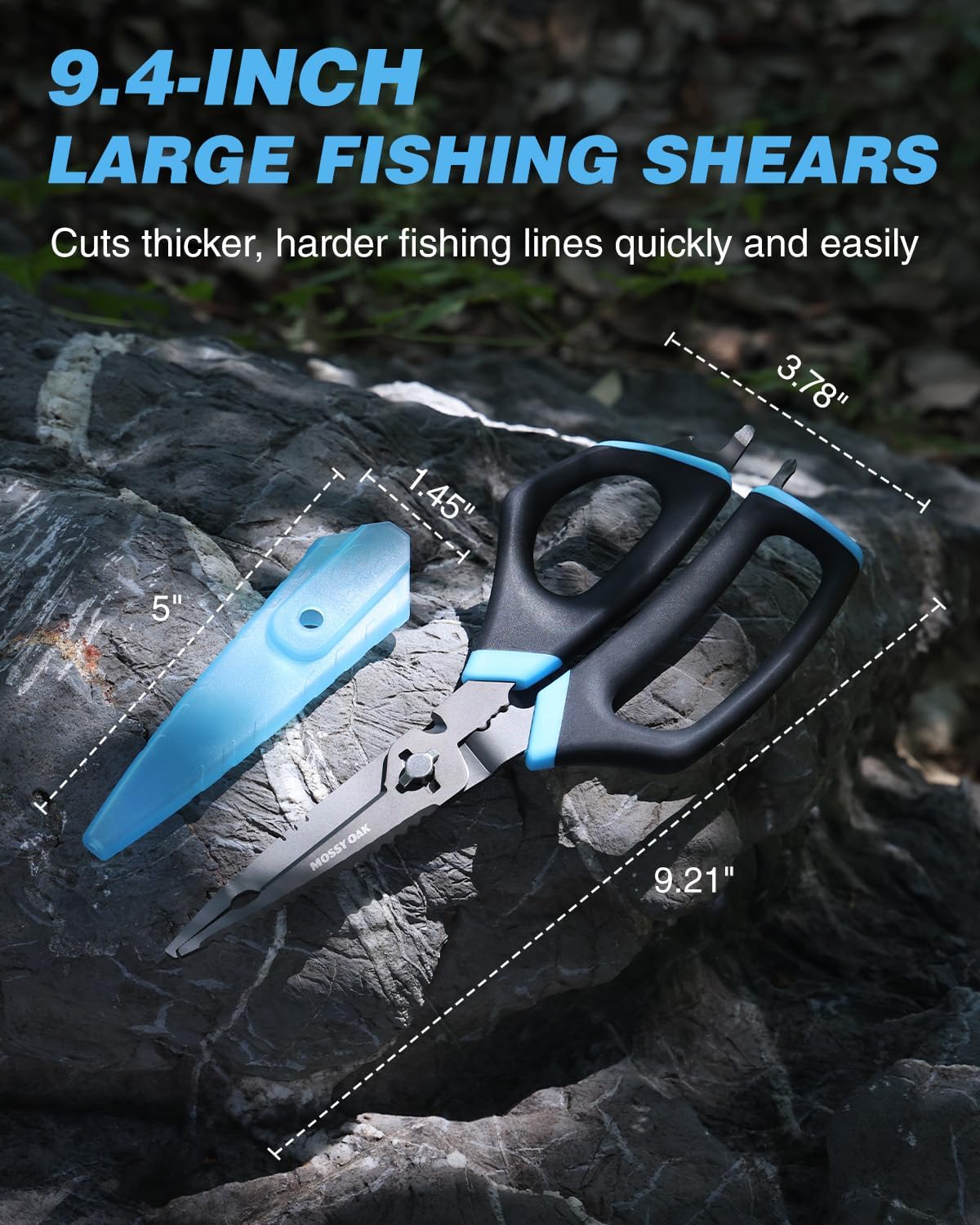 Mossy Oak Fishing Shears - 9.4" Multifunctional Scissors for Braid, Mono & Fluorocarbon Line | Includes Scaler, Hook Remover & Sheath