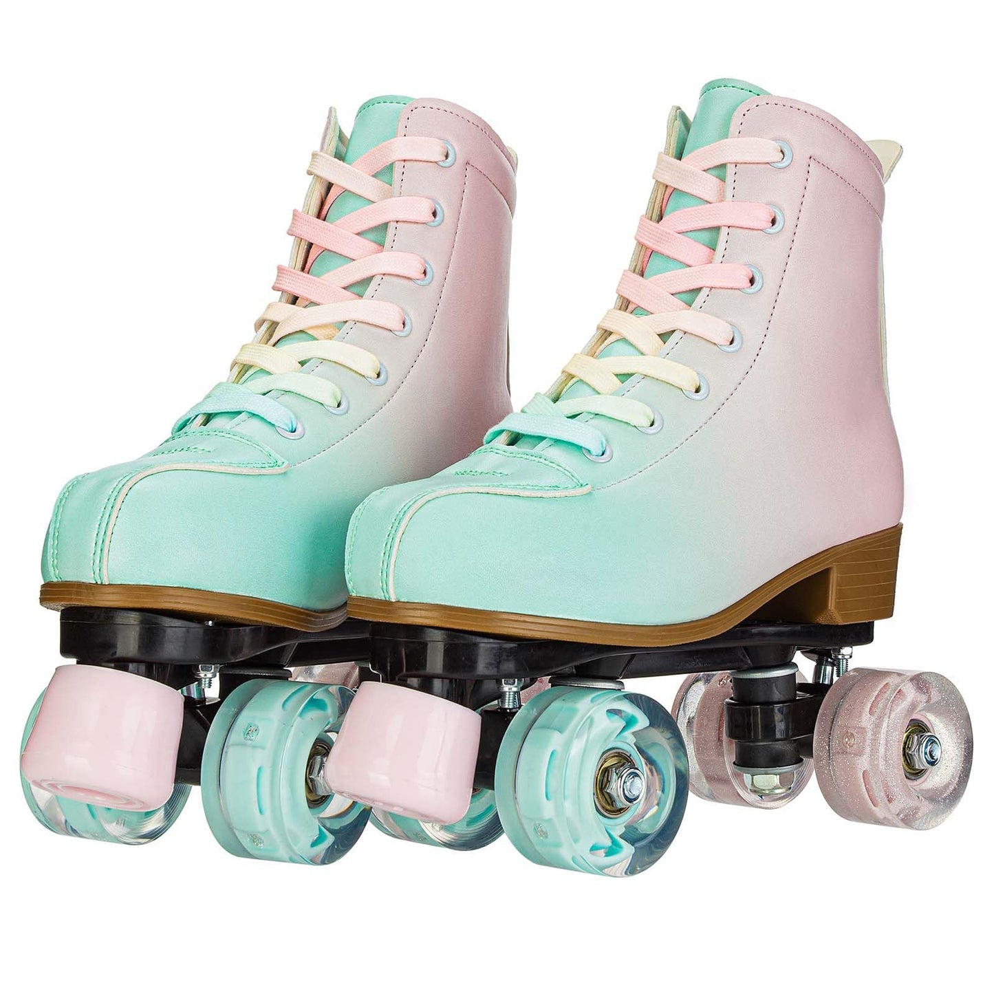YYW Roller Skates for Girls and Women, Fantastic Gradient Pink and Green PU Leather Light Up Kids Youth Roller Skates, Indoor Outdoor, Size 33-Youth 2