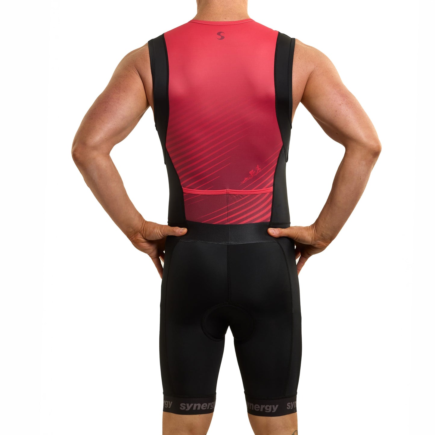 Synergy Triathlon Tri Suit - Men's Race Sleeveless Trisuit (Black/Ruby, Small)
