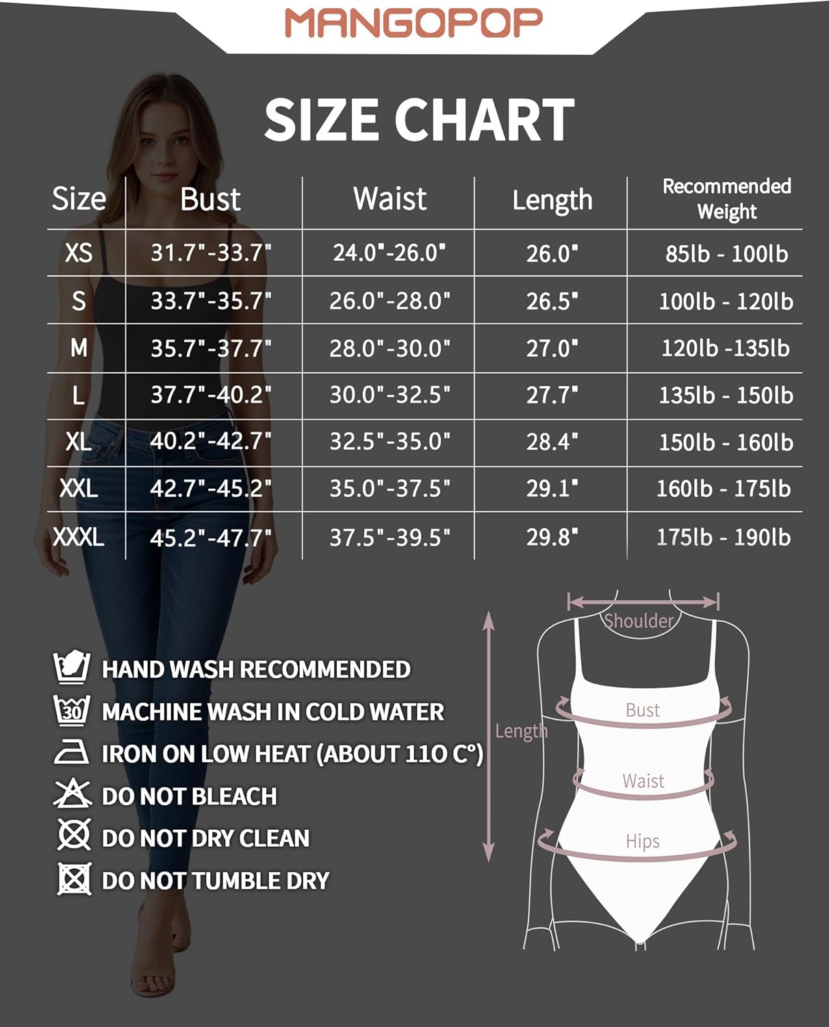 MANGOPOP Women's Cami Thong Bodysuit - Double Lined Square Neck, Backless | Adjustable Spaghetti Straps