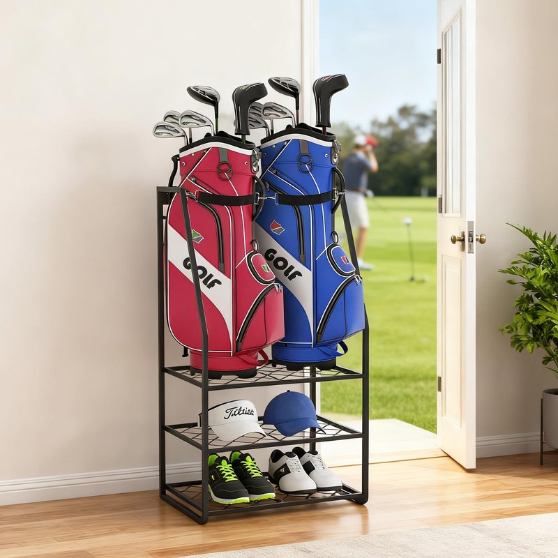 Wall Mount Golf Bag Organizer for Garage, Heavy Duty Golf Storage Rack Holds 2 Bags, Freestanding Golf Bag Stand and Accessories Holder for Home & Shed