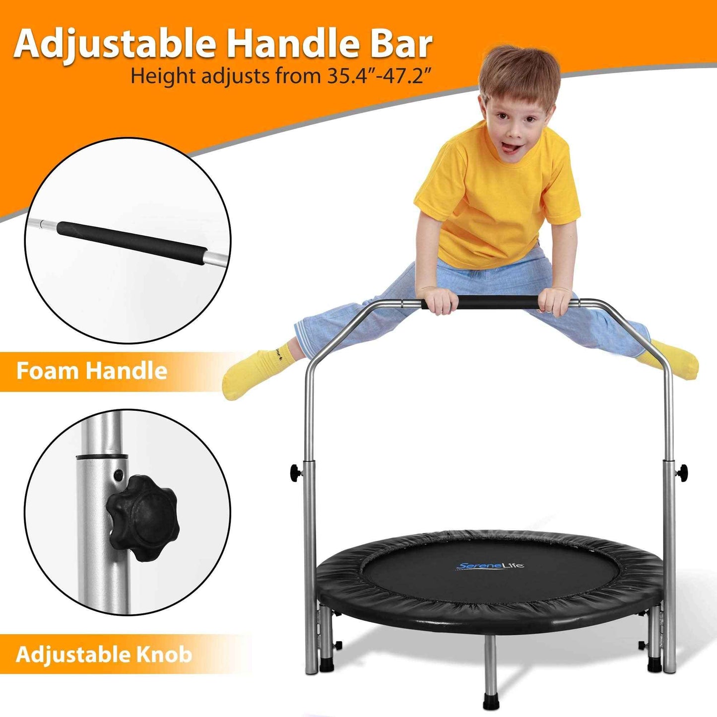 SereneLife 50" Trampoline - In-Home Cardio Fitness Rebounder with Adjustable T-Bar Handle, Silent Heavy Duty Exercise Trampoline for Adults