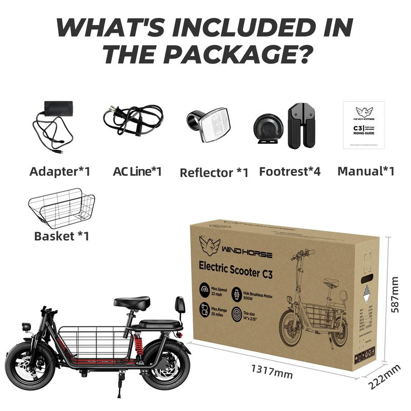 WINDHORSE C3 Adults Electric Scooter with Seat - 14” Tire, 500W Brushless Motor, 3 Speed Modes, Cruise Control, Dual Suspension, 25 Mile Range, 22MPH, Adjustable E-Scooter for Teens with Basket