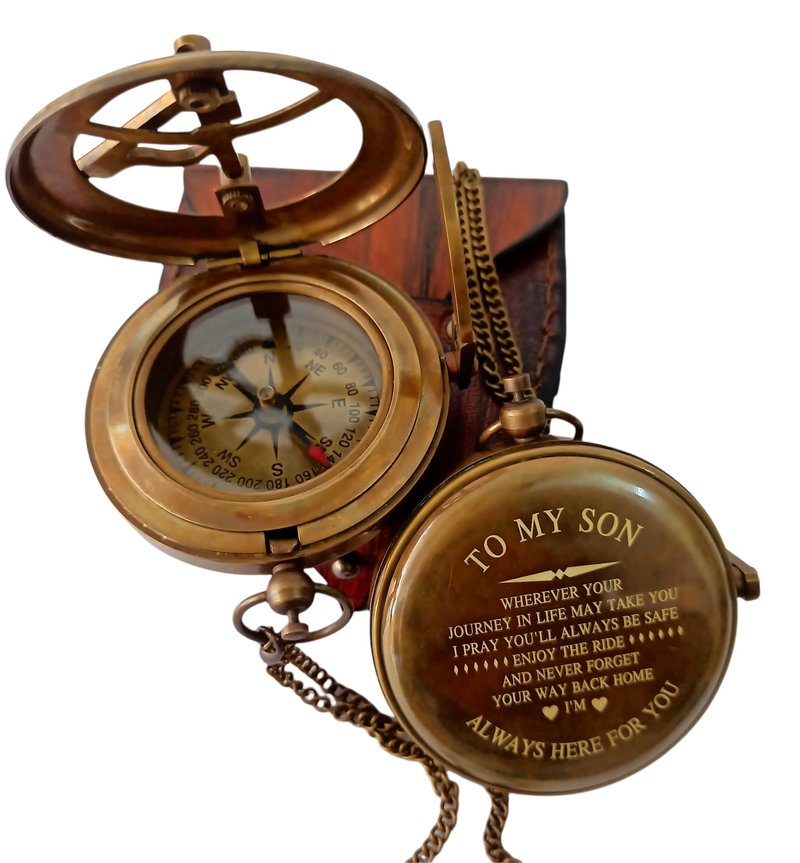 to My Son Compass Personalized Sundial Compass with Leather Case/Gift for Son/to My Son Gifts/Mom to Son Gift/Dad to Son/Grandson Gift, Directional Magnetic Sundial Compass