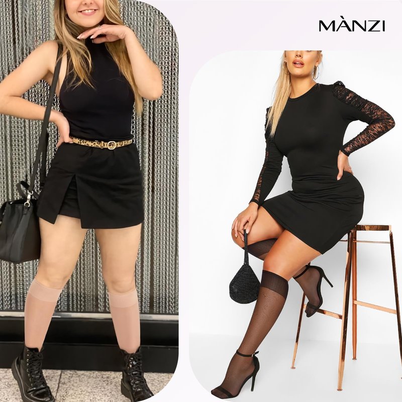 MANZI 6 Pairs Plus Size Knee Highs for Women 15 Denier Sheer Nylon Socks Knee High Stockings Black/Natural X-Lagre-XX-Large