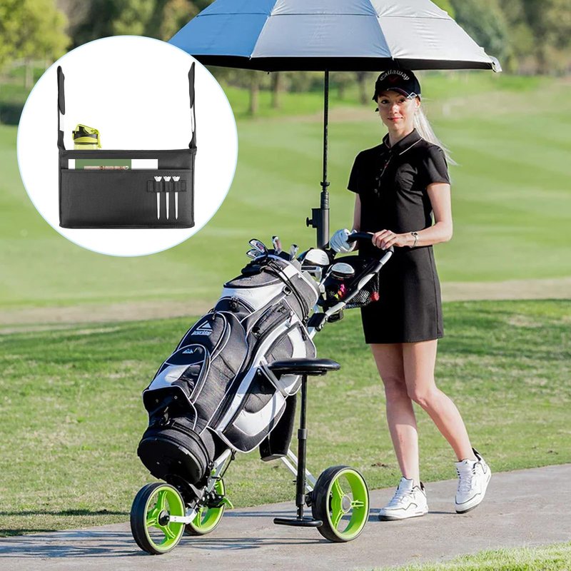 Golf Organizer - Push Cart Accessory with Storage Bag, No-Drilling Pouch, Adjustable Drink Holder - Gift for Men