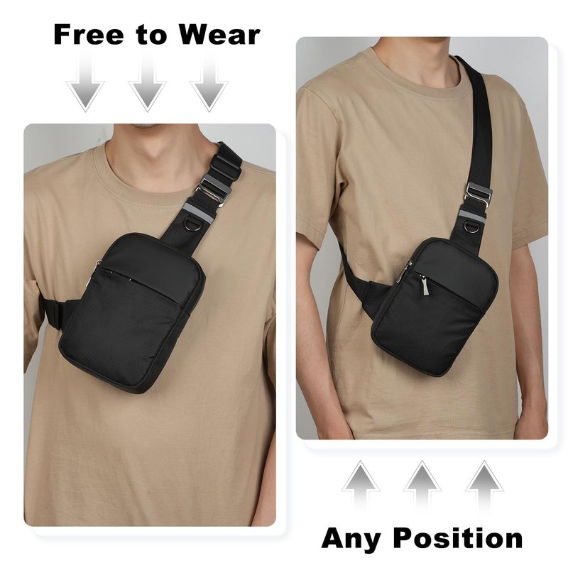 BROADREAM Mini Mens Sling Bag, Waterproof Crossbody Sling Bags with Adjustable Strap & RFID Blocking, Lightweight Casual Phone Chest Shoulder Bag for Travel Hiking (Black)