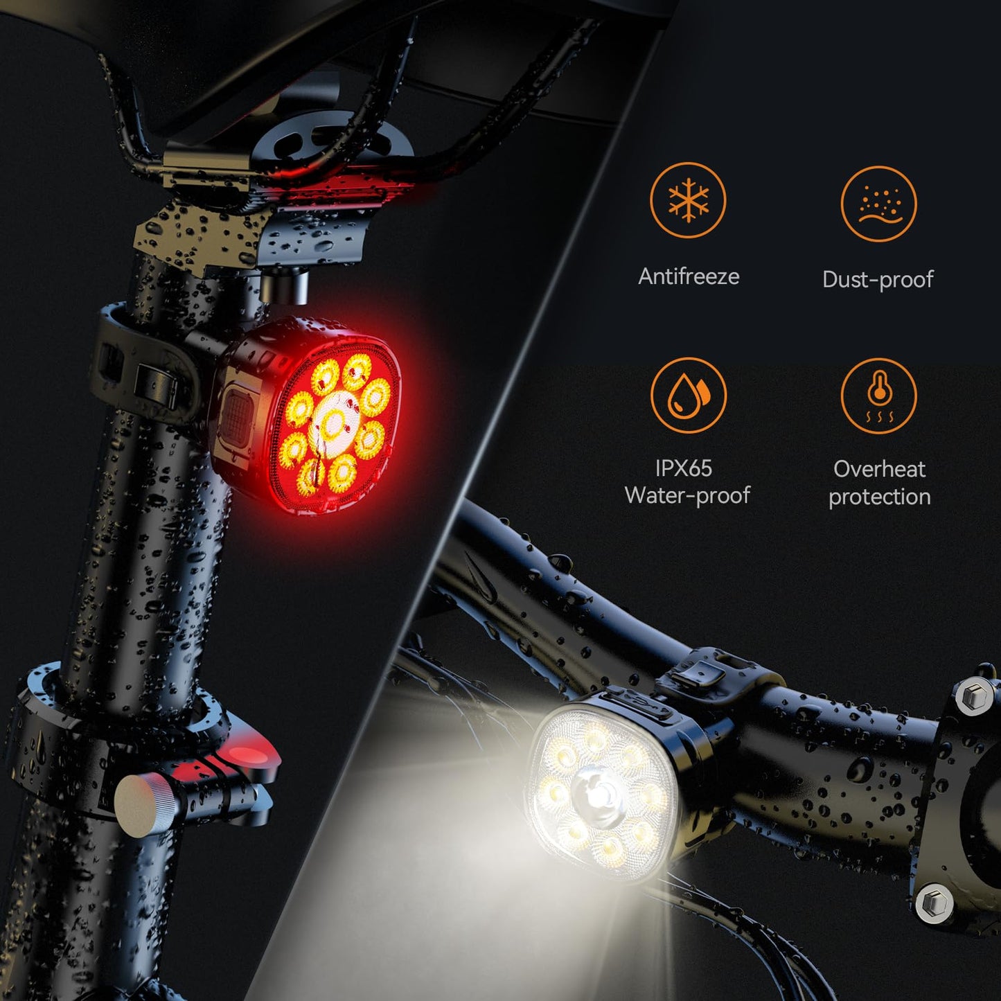 Bike Lights Kit 9LED Bike Headlights High & Low Beams, Ultra-Light and Bright Bicycle Lights, Waterproof Bike Lights for Night Riding, USB-C Bicycle Front and Rear Lights (VTG9)
