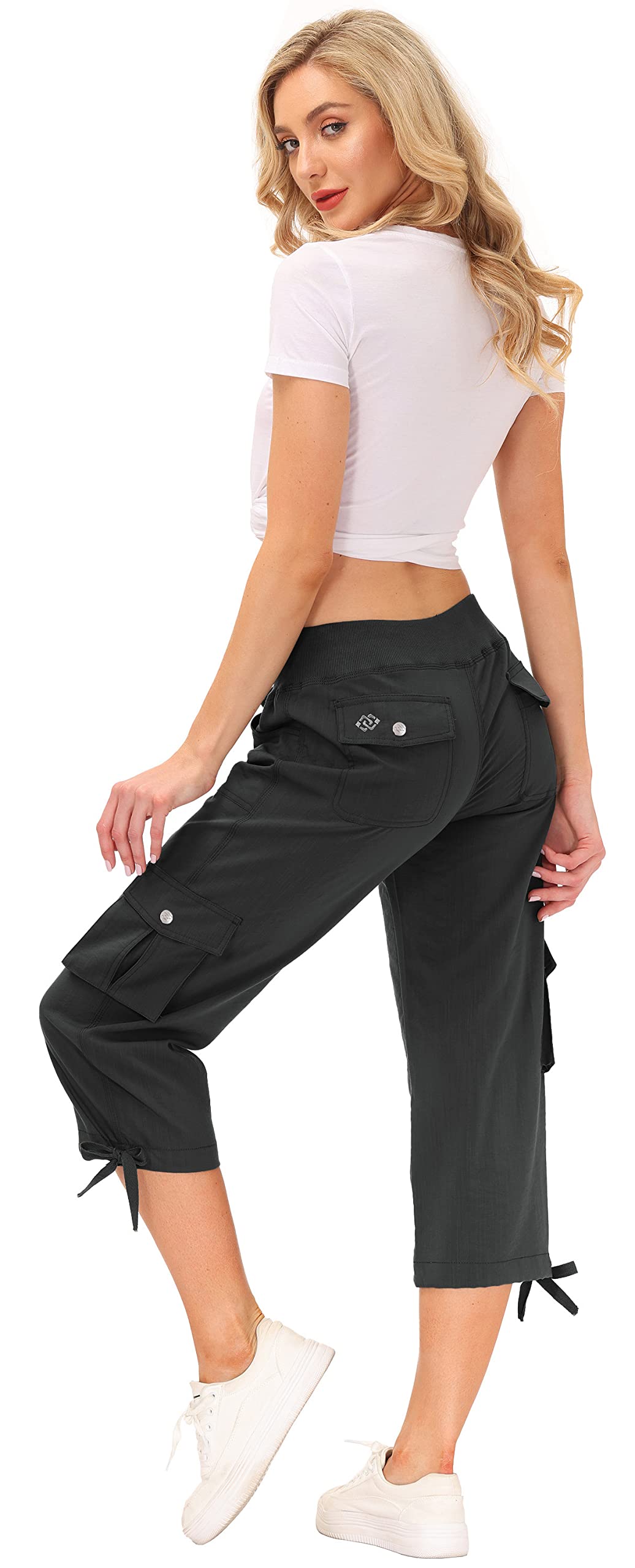 MoFiz Womens Capris Summer Cargo Shorts Lightweight Quick Dry Athletic Casual Travel Loose Ladies Outdoor Hiking Pants Pockets Dark Grey XS