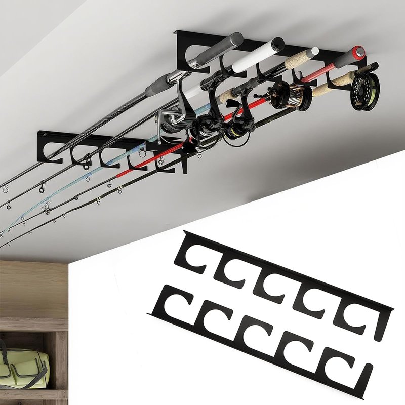 RidingRush Fishing Rod Rack Wall or Ceiling Mount, 2 Set Fishing Pole Holder, Holds 5 Rods per Set, Space Saving Garage Boat Rod Storage Organizer