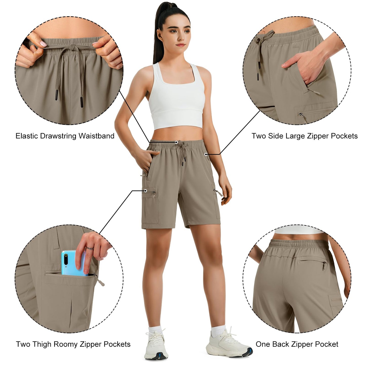 Hugut Women's Lightweight Hiking Cargo Shorts Quick Dry Athletic Shorts Camping Travel Golf Zipper Pockets Water Resistant Dark Khaki