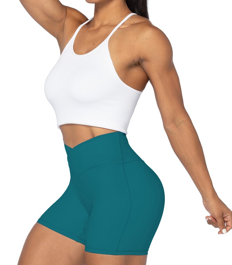 Sunzel Sunzfly Crossover Biker Shorts for Women, V Criss Cross High Waist Yoga Workout Gym Shorts with Tummy Control 4" Deep Lagoon Large