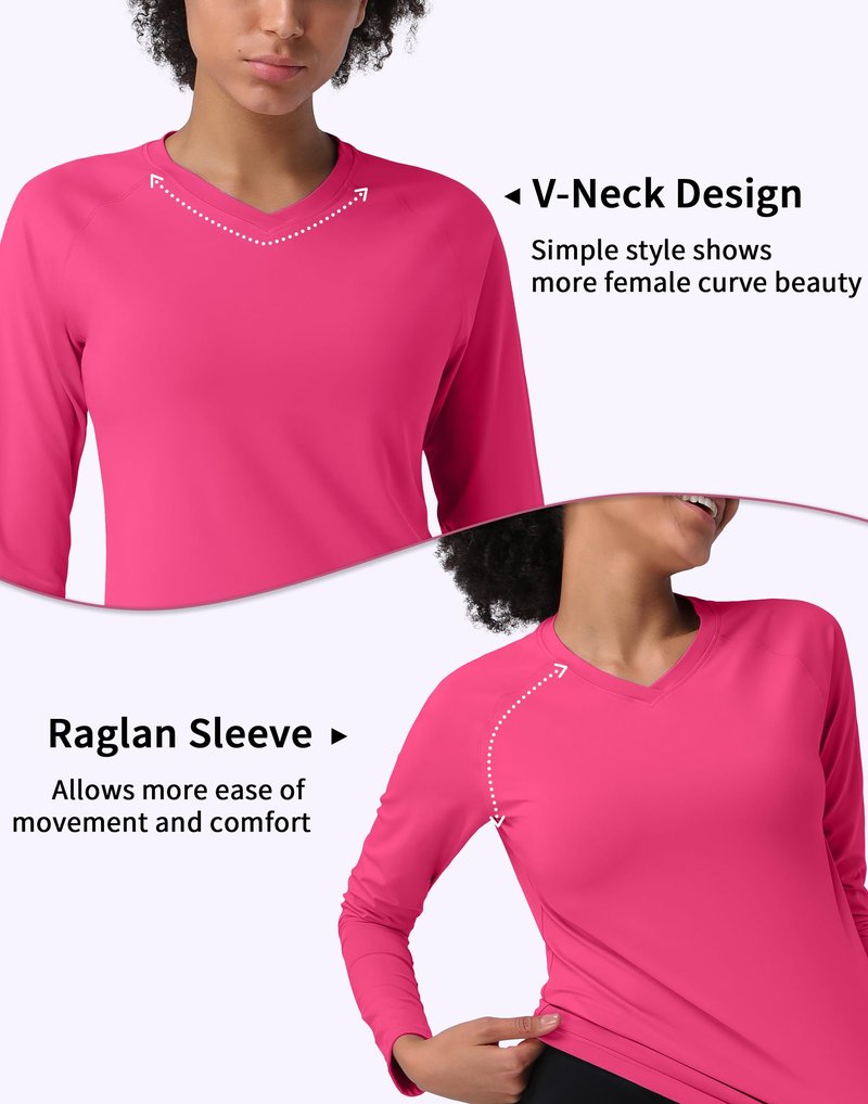 Pioneer Camp Women's UV Sun Protection SPF Shirt V Neck UPF 50+ Long Sleeve Workout Tops Quick Dry Rash Guard Hiking Running Rose Pink
