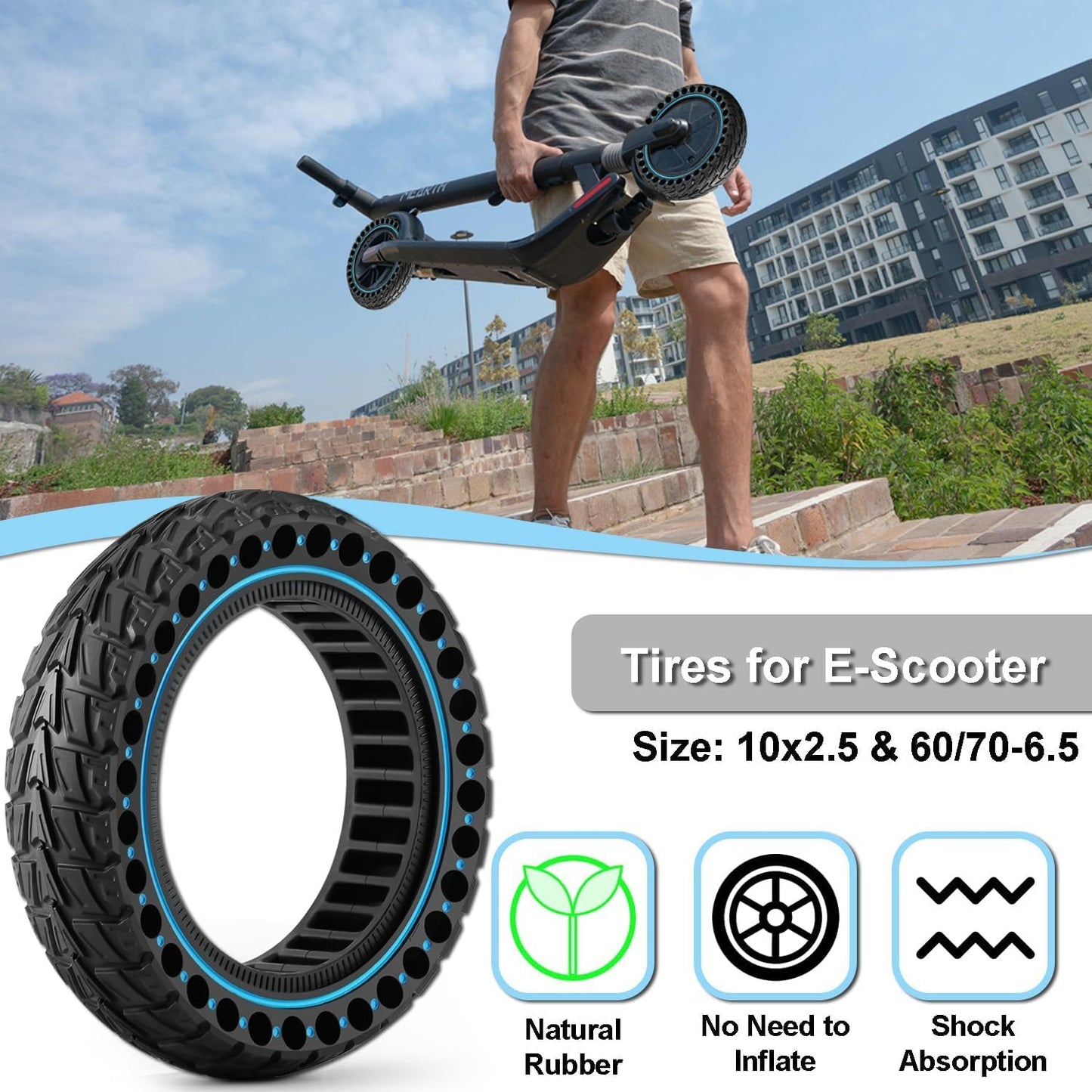 ThinkMRO 1PCS 10x2.5 inches Solid Tires for Electric Scooter, 60/70-6.5 Tire for Ninebot G30 /G30D /G30E /G30E /G30LP /G30D II /G30 Max, Tire Replacement for All 10 x 2.5'' Scooter Tires (Blue)