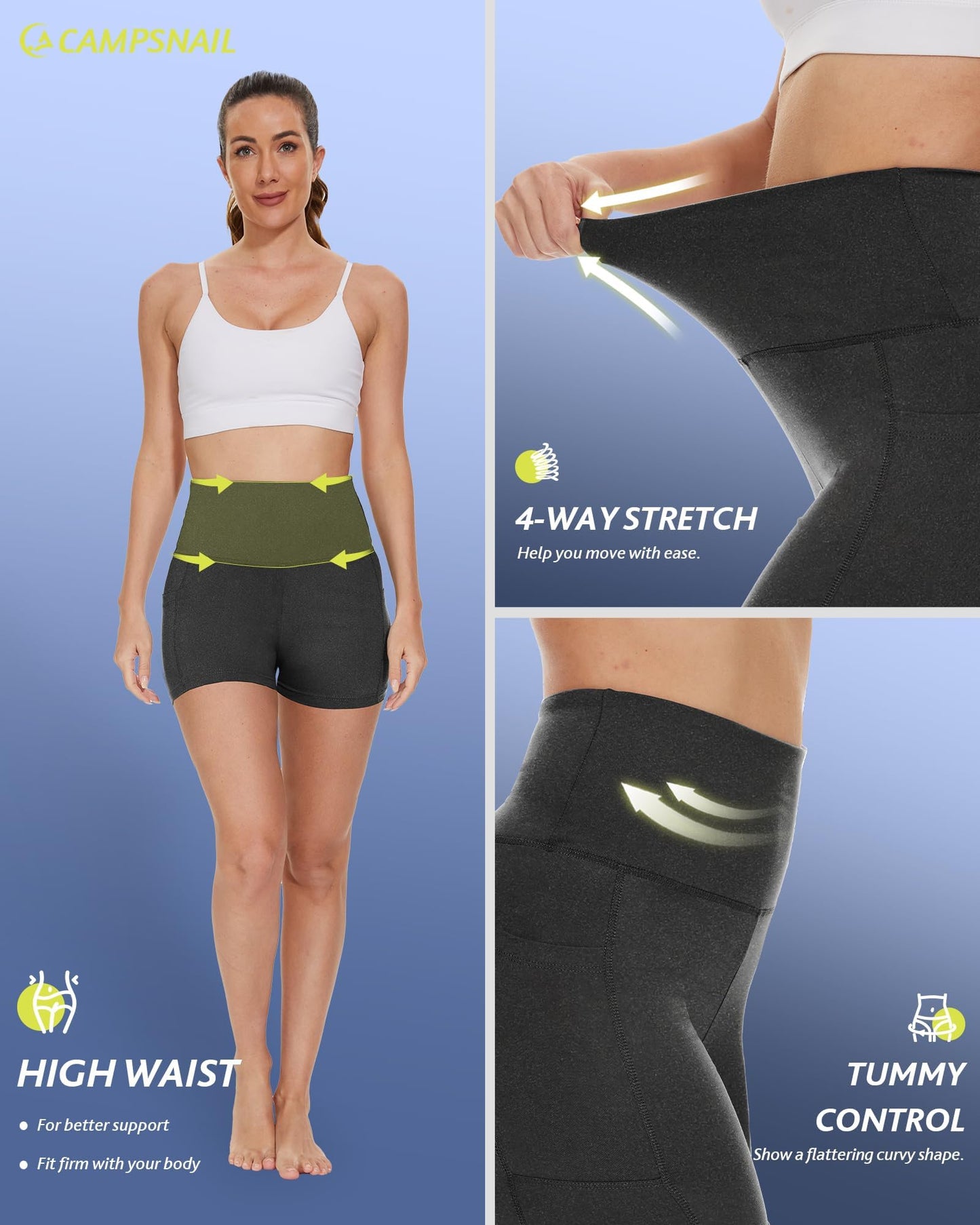CAMPSNAIL Biker Shorts Women with Pockets - 3"/5"/8" High Waisted Workout Spandex Tummy Control Gym Running Yoga Shorts Dark Grey-Heather