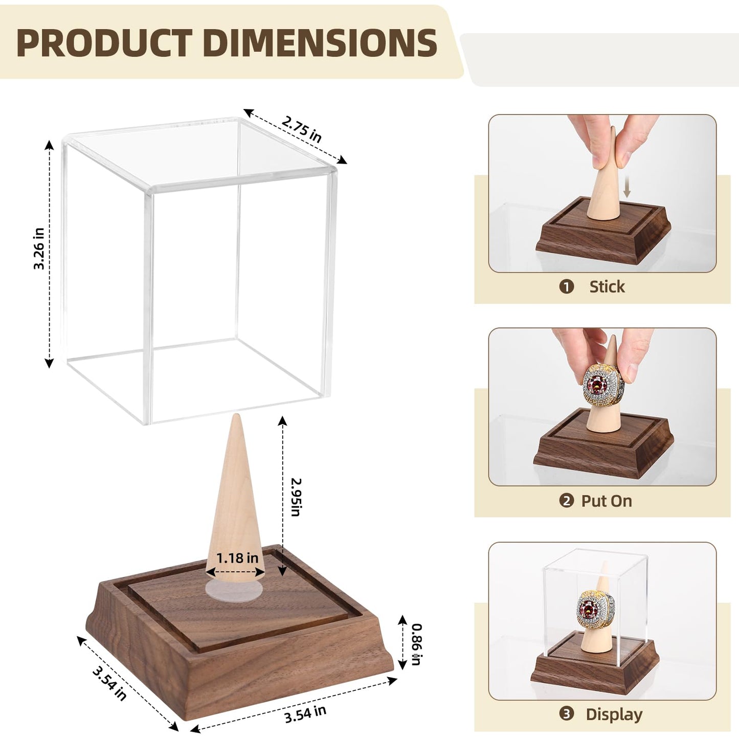 Championship Ring Display Case Baseball Softball Football Ring Holder Wanult Wood Base Acrylic Sports Ring Display Case Stand for Men Wooden Ring Box for Women Memorabilia Showcase Cube Collectibles