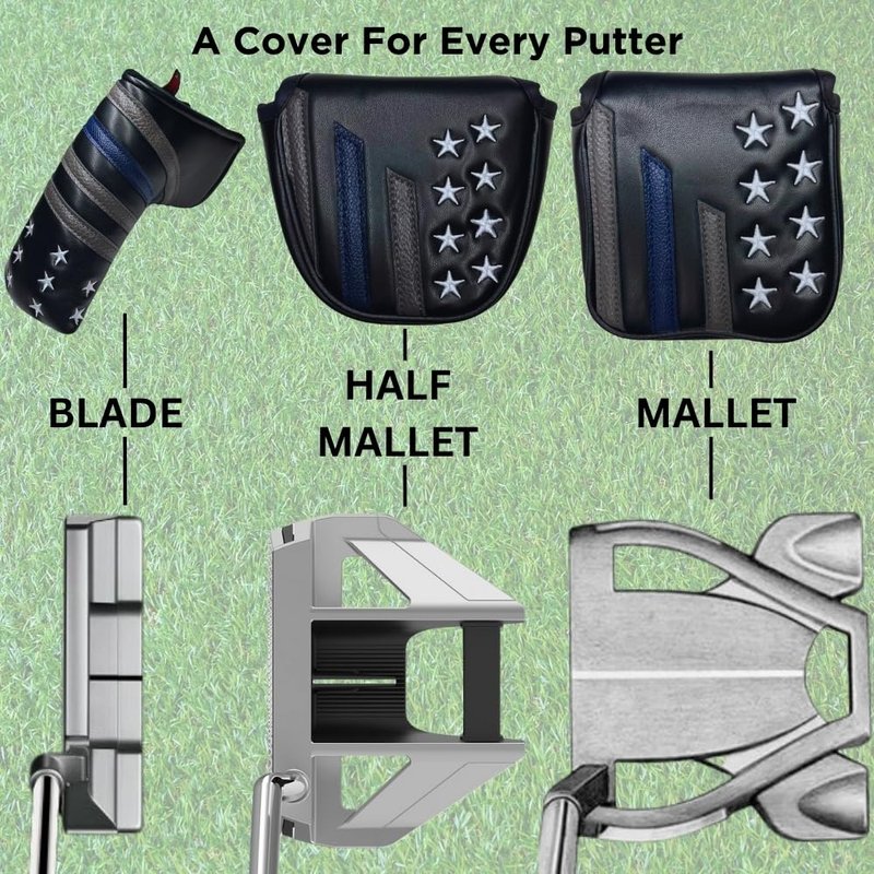 USEiT Putter Cover for Blade and Mallet Putters with Magnetic Closure Embroidered USA Thin Blue Line Design Golf Club Headcovers for Scotty Cameron Taylormade Callaway Titleist Odyssey (Half Mallet)