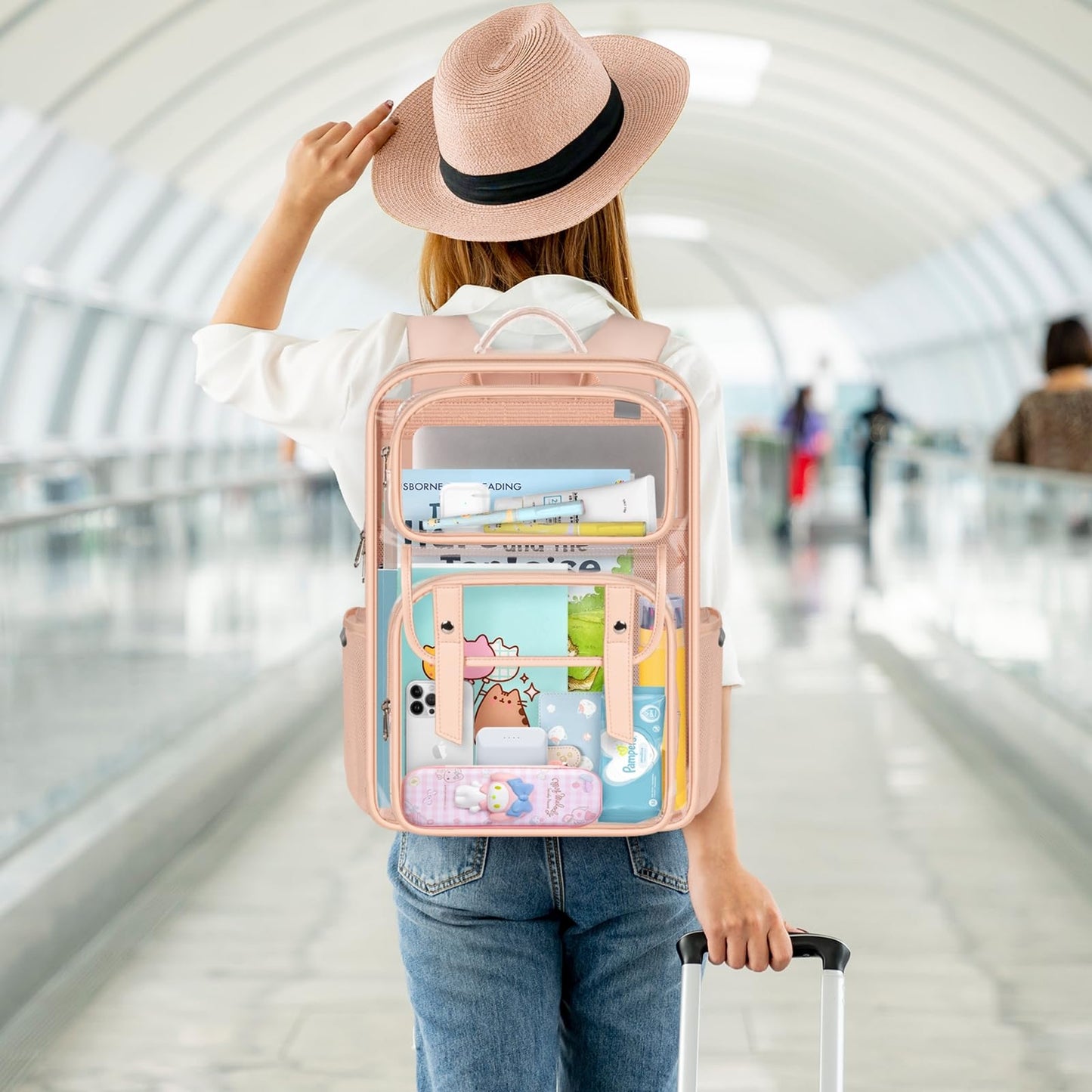 GEAMSAM Clear Backpack Heavy Duty, Transparent Bookbag with Reinforced Straps Multi-pockets PVC See Through Backpacks for College Work Travel - Pink